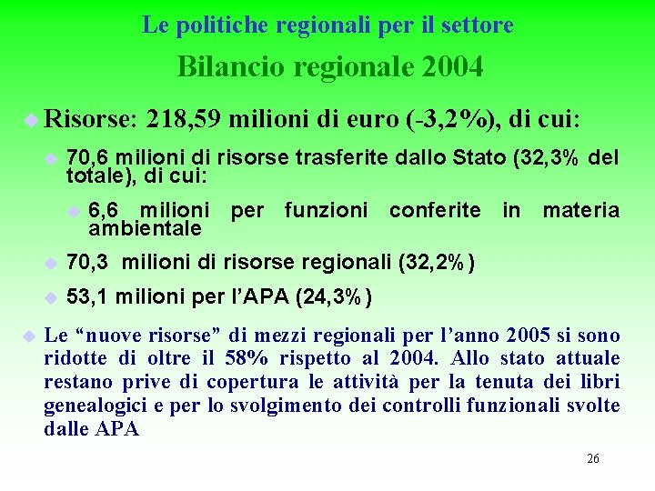 Le politiche regionali per il settore Bilancio regionale 2004 u Risorse: u 70, 6