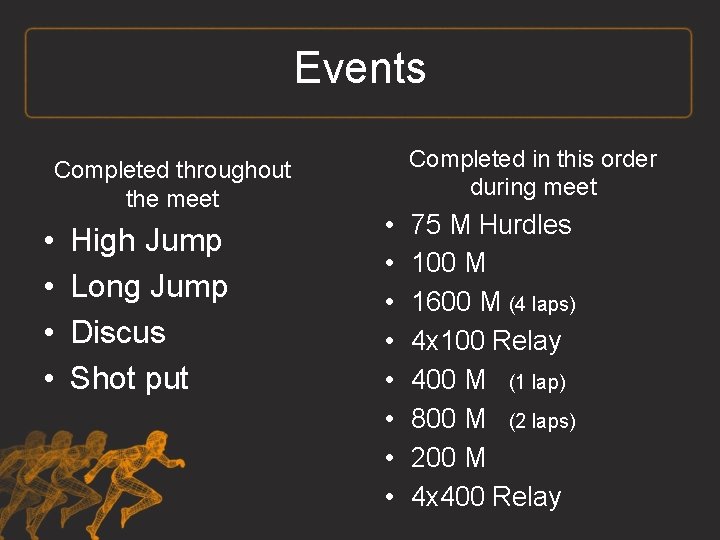 Events Completed throughout the meet • • High Jump Long Jump Discus Shot put