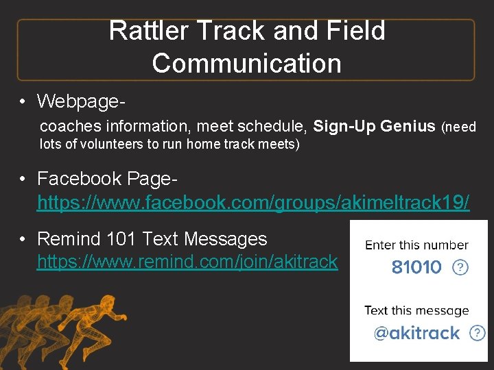 Rattler Track and Field Communication • Webpagecoaches information, meet schedule, Sign-Up Genius (need lots