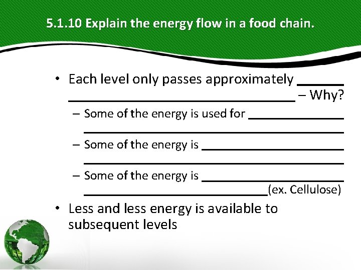 5. 1. 10 Explain the energy flow in a food chain. • Each level 5. 1. 10 Explain the energy flow in a food chain. • Each level