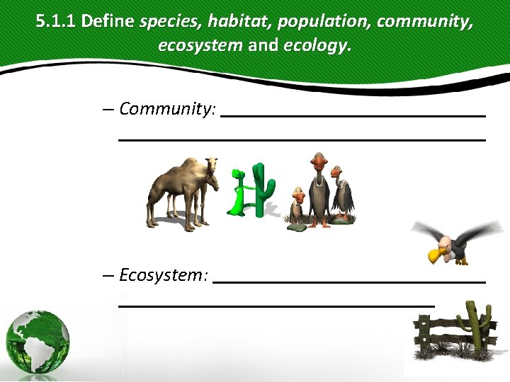 5. 1. 1 Define species, habitat, population, community, ecosystem and ecology. – Community: – 5. 1. 1 Define species, habitat, population, community, ecosystem and ecology. – Community: –
