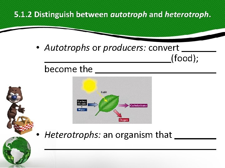 5. 1. 2 Distinguish between autotroph and heterotroph. • Autotrophs or producers: convert (food); 5. 1. 2 Distinguish between autotroph and heterotroph. • Autotrophs or producers: convert (food);