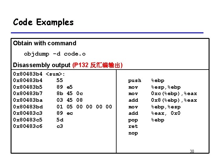 Code Examples Obtain with command objdump -d code. o Disassembly output (P 132 反汇编输出)