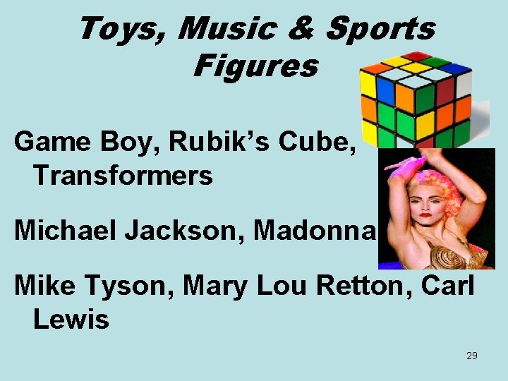 Toys, Music & Sports Figures Game Boy, Rubik’s Cube, Transformers Michael Jackson, Madonna Mike