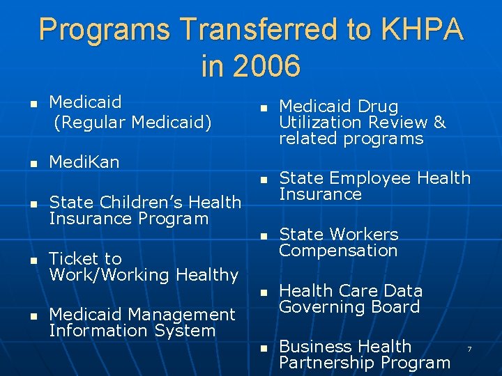 Programs Transferred to KHPA in 2006 n n n Medicaid (Regular Medicaid) n Medi.