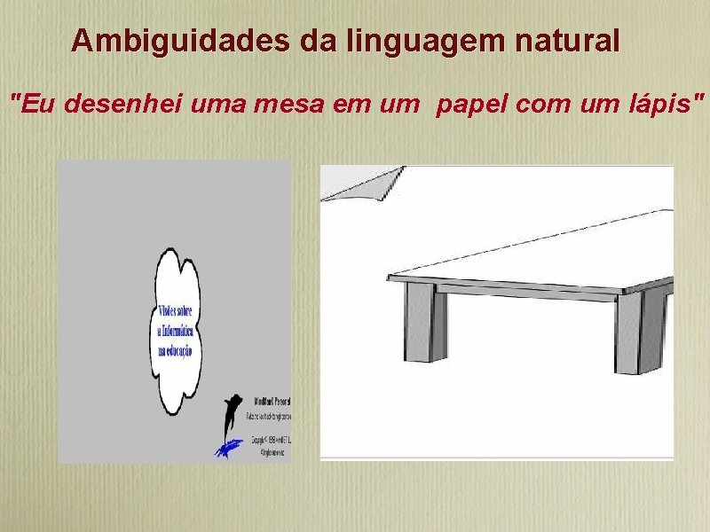 Ambiguidades da linguagem natural "Eu desenhei uma mesa em um papel com um lápis"