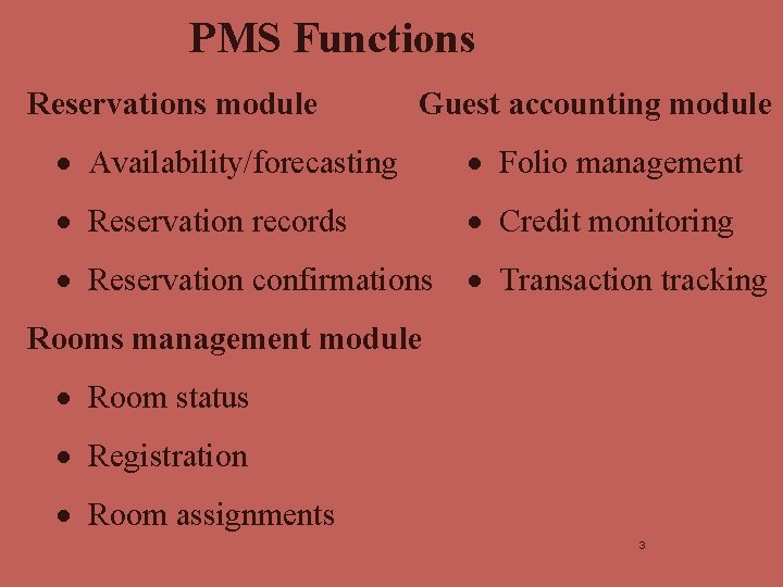 PMS Functions Reservations module Guest accounting module · Availability/forecasting · Folio management · Reservation