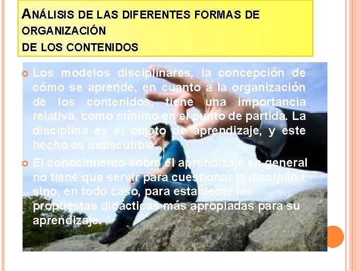 ANÁLISIS DE LAS DIFERENTES FORMAS DE ORGANIZACIÓN DE LOS CONTENIDOS Los modelos disciplinares, la