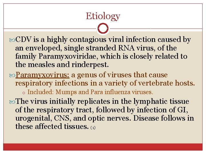 Etiology CDV is a highly contagious viral infection caused by an enveloped, single stranded