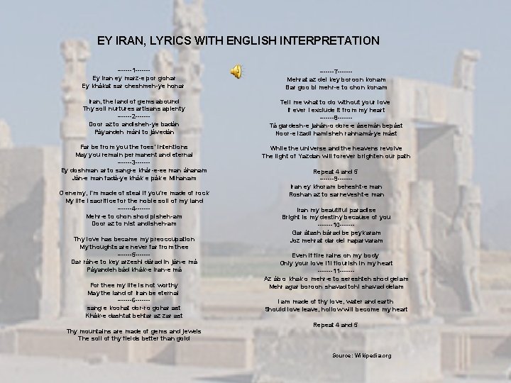 EY IRAN, LYRICS WITH ENGLISH INTERPRETATION -------1 ------Ey Iran ey marz-e por gohar Ey