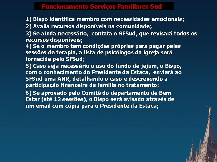 FUNCIONAMENTO SERVIÇOS FAMILIARES SUD Sud Funcionamento Serviços Familiares 1) Bispo identifica membro com necessidades
