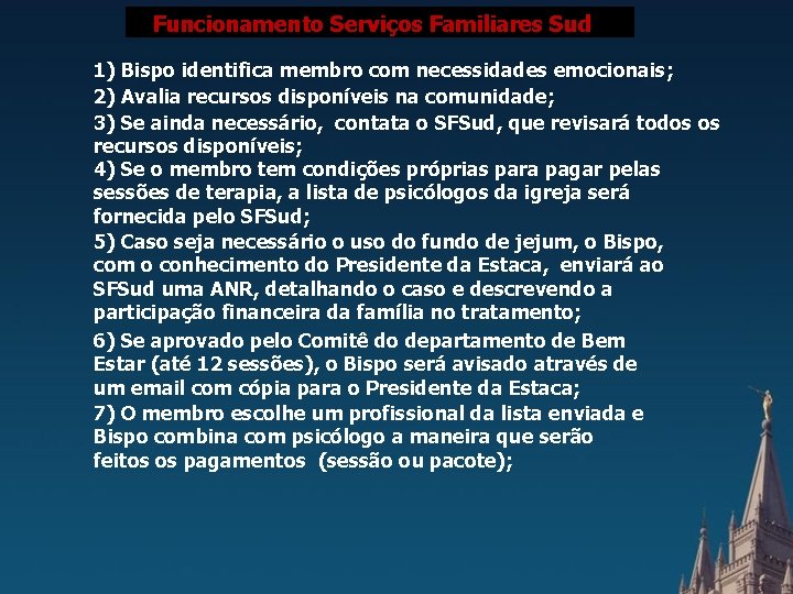 FUNCIONAMENTO SERVIÇOS FAMILIARES SUD Sud Funcionamento Serviços Familiares 1) Bispo identifica membro com necessidades