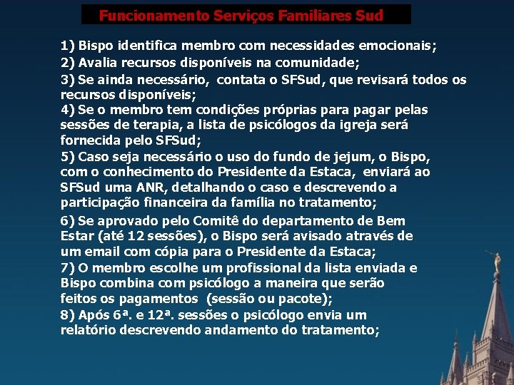 FUNCIONAMENTO SERVIÇOS FAMILIARES SUD Sud Funcionamento Serviços Familiares 1) Bispo identifica membro com necessidades