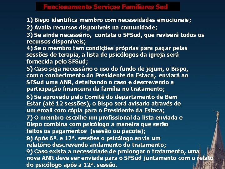 FUNCIONAMENTO SERVIÇOS FAMILIARES SUD Sud Funcionamento Serviços Familiares 1) Bispo identifica membro com necessidades