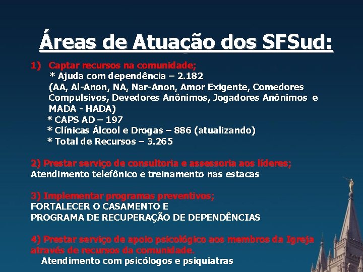 Áreas de Atuação dos SFSud: 1) Captar recursos na comunidade; * Ajuda com dependência Áreas de Atuação dos SFSud: 1) Captar recursos na comunidade; * Ajuda com dependência