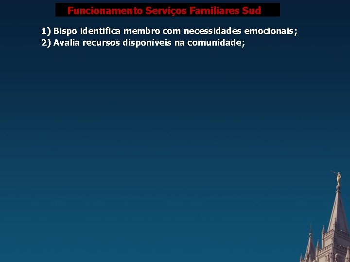 FUNCIONAMENTO SERVIÇOS FAMILIARES SUD Sud Funcionamento Serviços Familiares 1) Bispo identifica membro com necessidades