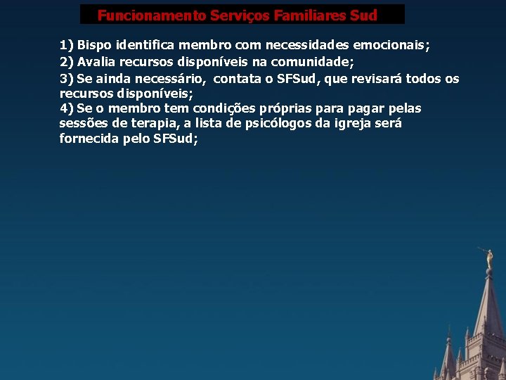 FUNCIONAMENTO SERVIÇOS FAMILIARES SUD Sud Funcionamento Serviços Familiares 1) Bispo identifica membro com necessidades FUNCIONAMENTO SERVIÇOS FAMILIARES SUD Sud Funcionamento Serviços Familiares 1) Bispo identifica membro com necessidades