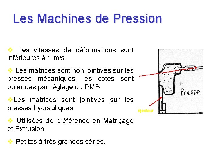 Les Machines de Pression Les vitesses de déformations sont inférieures à 1 m/s. Les