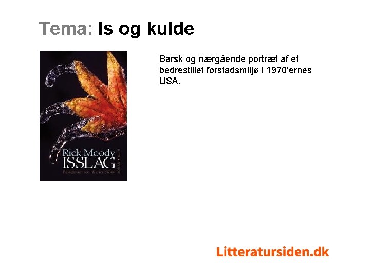 Tema: Is og kulde Barsk og nærgående portræt af et bedrestillet forstadsmiljø i 1970’ernes