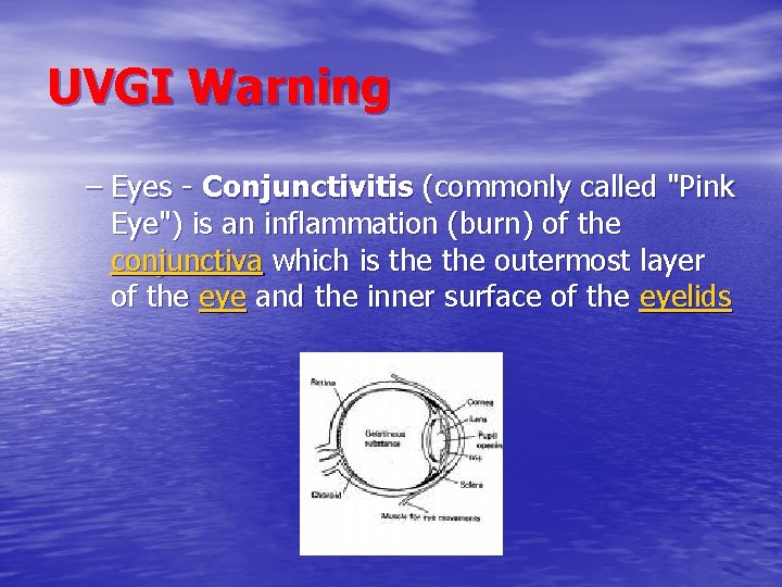 UVGI Warning – Eyes - Conjunctivitis (commonly called "Pink Eye") is an inflammation (burn)