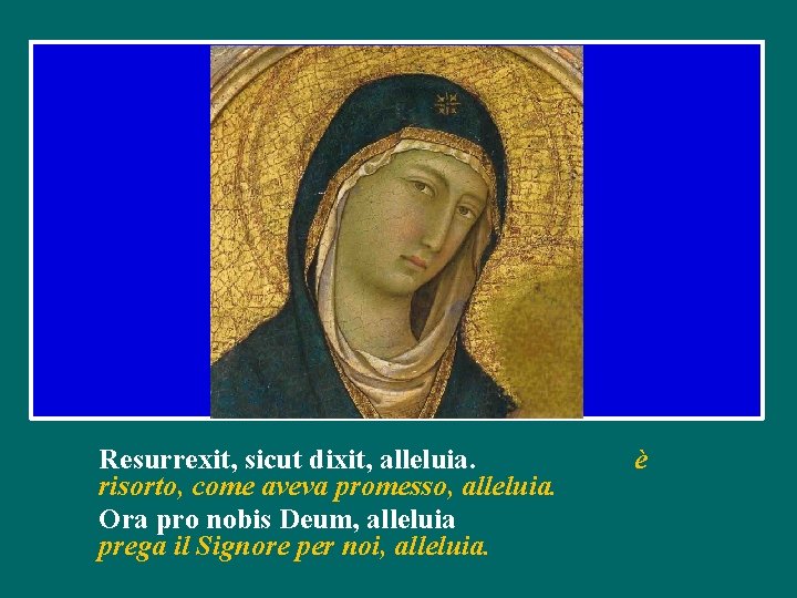 Resurrexit, sicut dixit, alleluia. è risorto, come aveva promesso, alleluia. Ora pro nobis Deum,