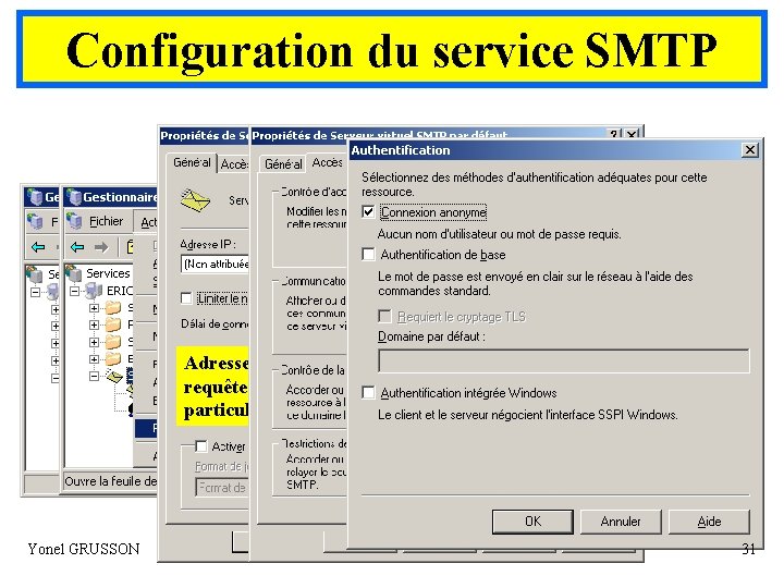 Configuration du service SMTP Adresse IP : Pour n'accepter que les requêtes provenant d'une