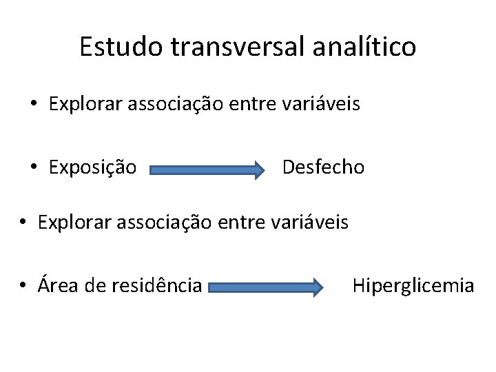 Estudo transversal analítico • Explorar associação entre variáveis • Exposição Desfecho • Explorar associação