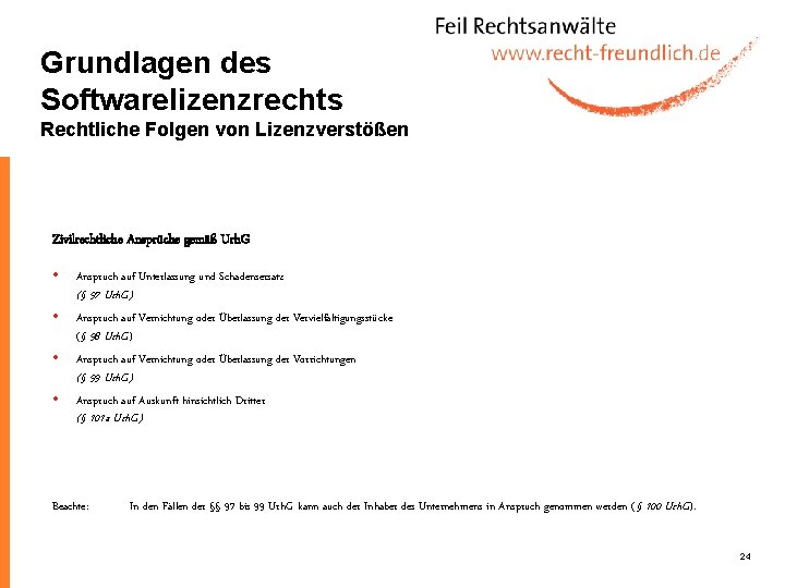 Grundlagen des Softwarelizenzrechts Rechtliche Folgen von Lizenzverstößen Zivilrechtliche Ansprüche gemäß Urh. G Anspruch auf