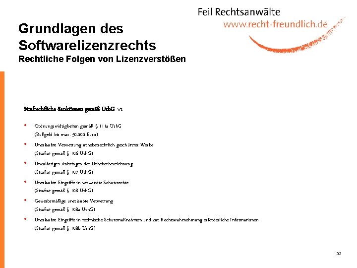 Grundlagen des Softwarelizenzrechts Rechtliche Folgen von Lizenzverstößen Strafrechtliche Sanktionen gemäß Urh. G 1/2 Ordnungswidrigkeiten