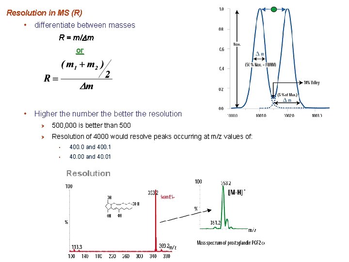 Resolution in MS (R) • differentiate between masses R = m/Dm or • Higher