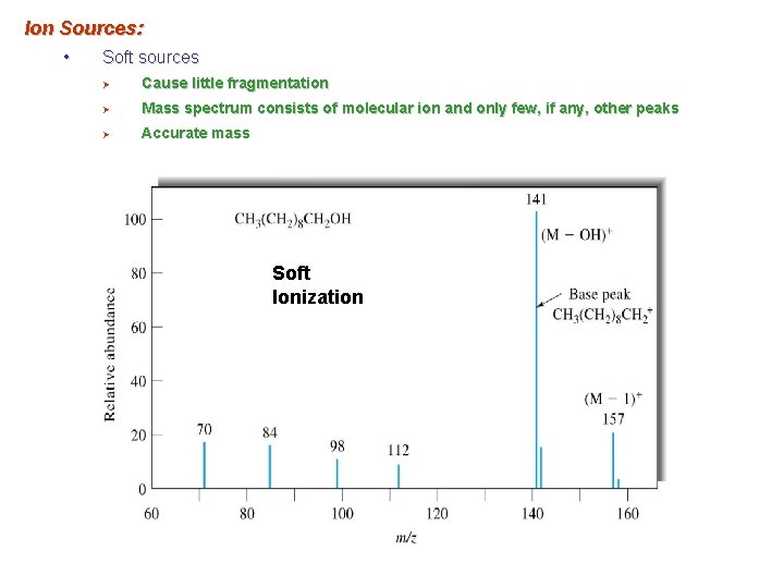 Ion Sources: • Soft sources Ø Cause little fragmentation Ø Mass spectrum consists of