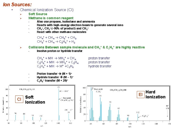 Ion Sources: • Chemical Ionization Source (CI) Ø Ø Soft Source Methane is common