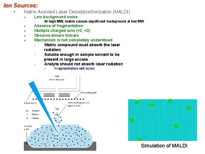 Ion Sources: • Matrix-Assisted Laser Desorption/Ionization (MALDI) Ø Low background noise - Ø Ø