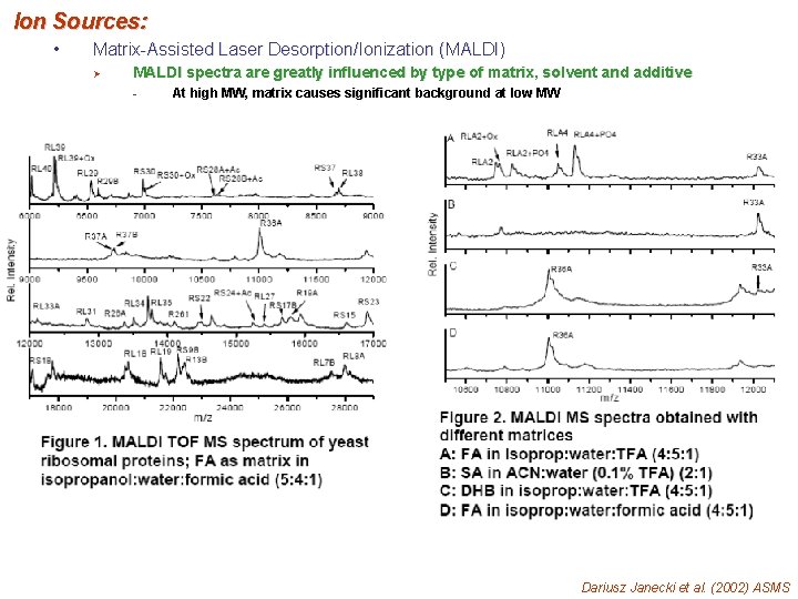 Ion Sources: • Matrix-Assisted Laser Desorption/Ionization (MALDI) Ø MALDI spectra are greatly influenced by