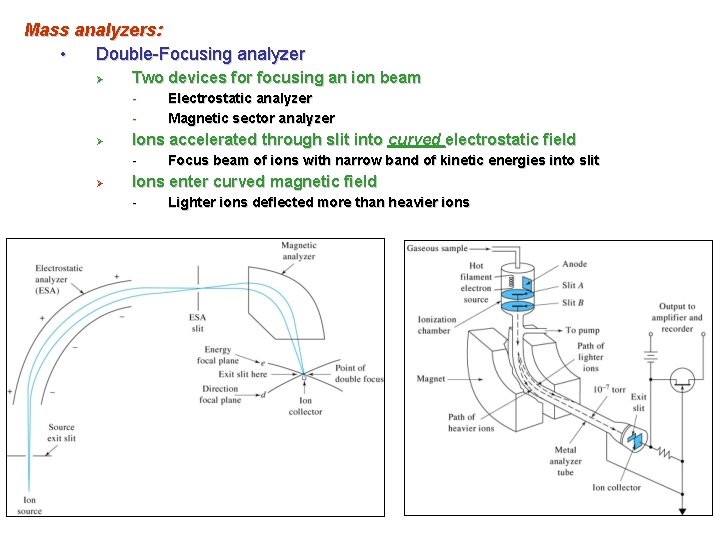 Mass analyzers: • Double-Focusing analyzer Ø Two devices for focusing an ion beam -