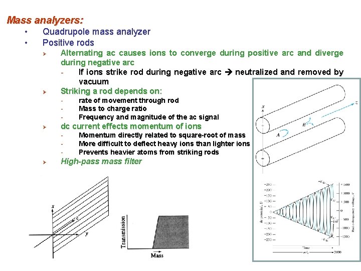 Mass analyzers: • • Quadrupole mass analyzer Positive rods Ø Ø Alternating ac causes