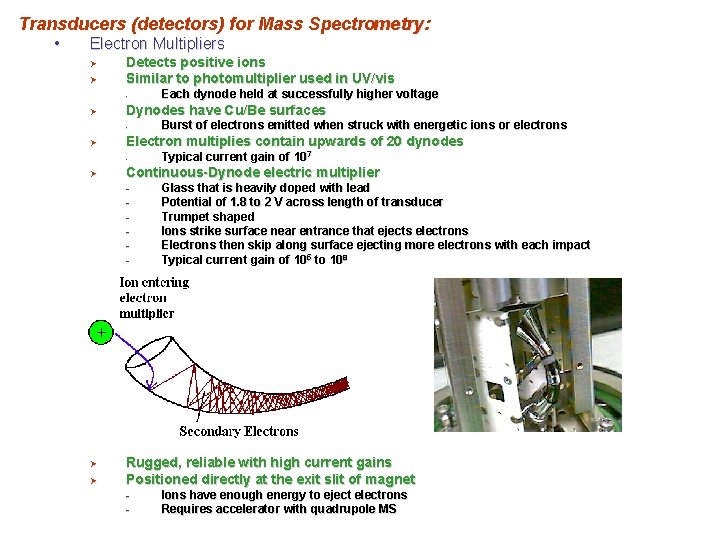 Transducers (detectors) for Mass Spectrometry: • Electron Multipliers Ø Ø Detects positive ions Similar