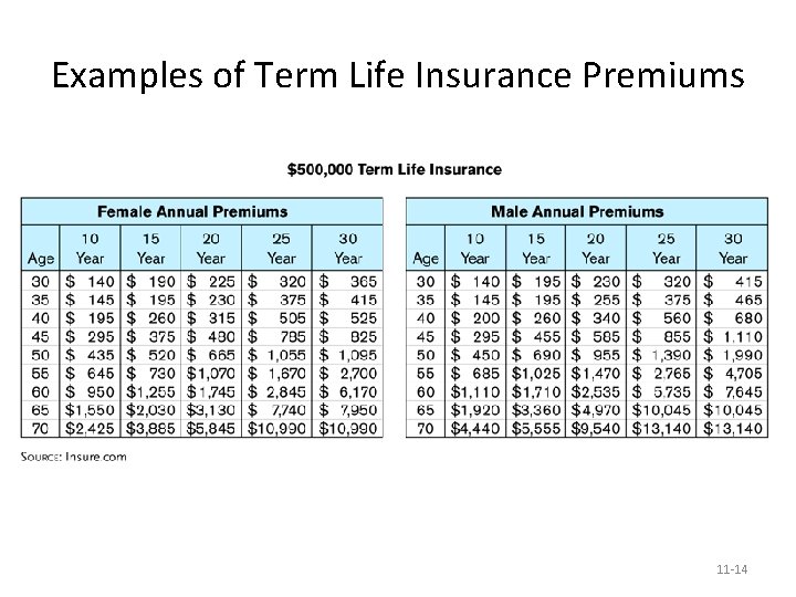 Examples of Term Life Insurance Premiums 11 -14 