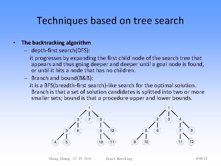 Techniques based on tree search • The backtracking algorithm – depth-first search(DFS): it progresses