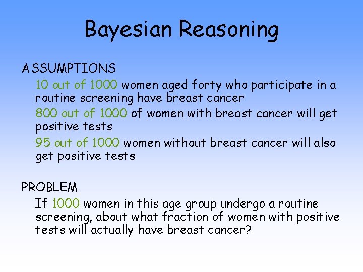 Bayesian Reasoning ASSUMPTIONS 10 out of 1000 women aged forty who participate in a