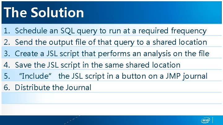 The Solution 1. Schedule an SQL query to run at a required frequency 2.