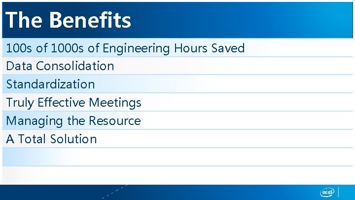 The Benefits 100 s of 1000 s of Engineering Hours Saved Data Consolidation Standardization