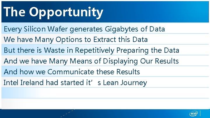 The Opportunity Every Silicon Wafer generates Gigabytes of Data We have Many Options to