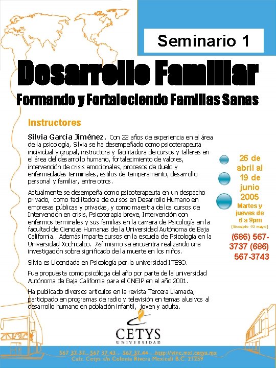 Seminario 1 Desarrollo Familiar Formando y Fortaleciendo Familias Sanas Instructores Silvia García Jiménez. Con