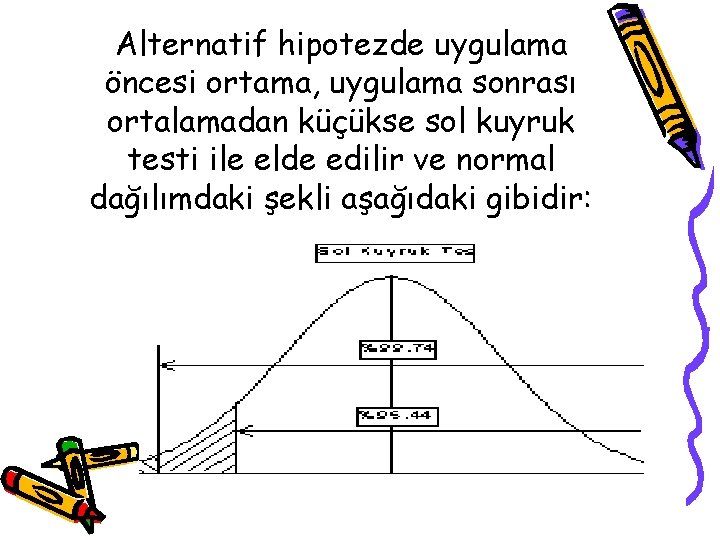 Alternatif hipotezde uygulama öncesi ortama, uygulama sonrası ortalamadan küçükse sol kuyruk testi ile elde