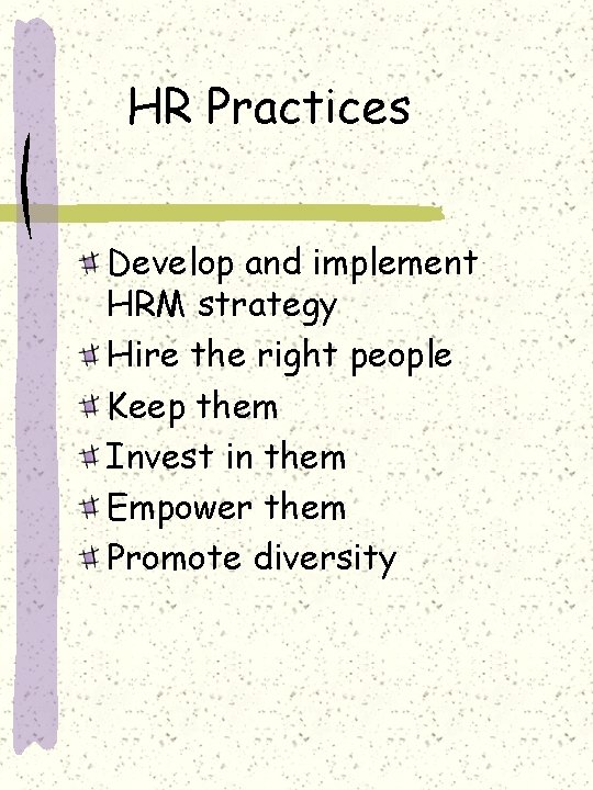 HR Practices Develop and implement HRM strategy Hire the right people Keep them Invest