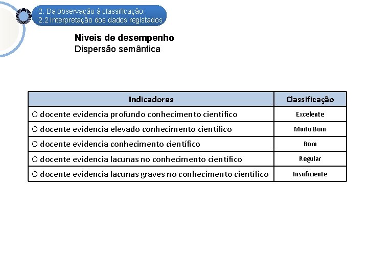 2. Da observação à classificação: 2. 2 Interpretação dos dados registados Níveis de desempenho