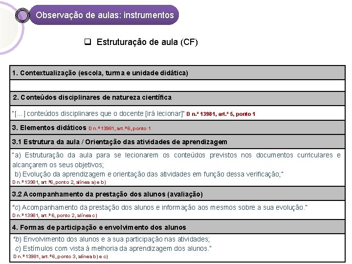 Observação de aulas: instrumentos q Estruturação de aula (CF) 1. Contextualização (escola, turma e
