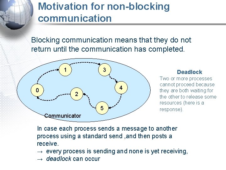 Motivation for non-blocking communication Blocking communication means that they do not return until the