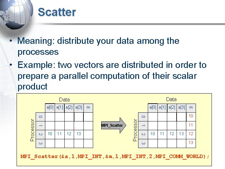 Scatter • Meaning: distribute your data among the processes • Example: two vectors are